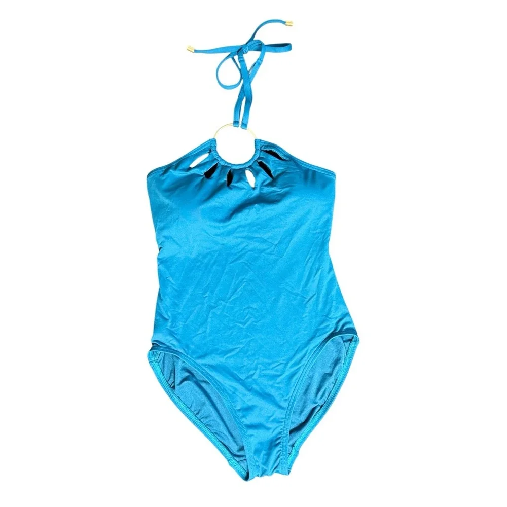 Vince Camuto Womens Serengeti Shades Swimsuit 4 Aqua Ring Halter Top One Piece - Picture 2 of 8
